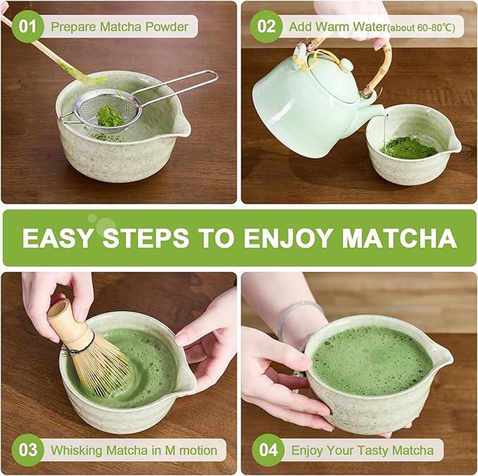 7Pcs Matcha Whisk Set - Matcha Bowl with Spout, Bamboo Whisk (Chasen), Holder, Stainless Sifter, Tea Scoop, Tea Towel, Scoop Rest. Full Japanese Ceremony Matcha Kit, Perfect Gift for Tea Fans (Green) - Bloomnest