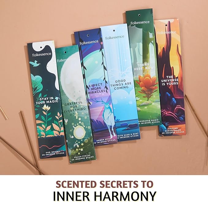 Folkulture Incense Sticks | Set of 6 (120 Non Toxic Insence-Sticks) with 45 Mins Burn Time | White Sage, Sandalwood, Oud Orient, Amber Space, Peach Fields | Organic Inscents-Stick Gift for Her