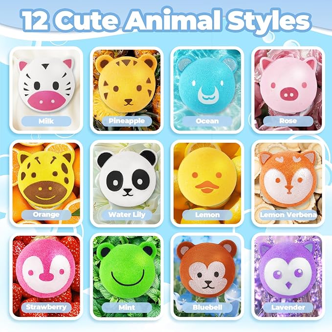 Bath Bombs for Kids with Surprise Toys Inside, 12 Pcs Bubble Bath Fizzy Balls with 12 Animal Shapes, Natural Bath Bombs Easter Christmas Children's Day Gift Set for Kids Girls Boys Toddlers - Bloomnest