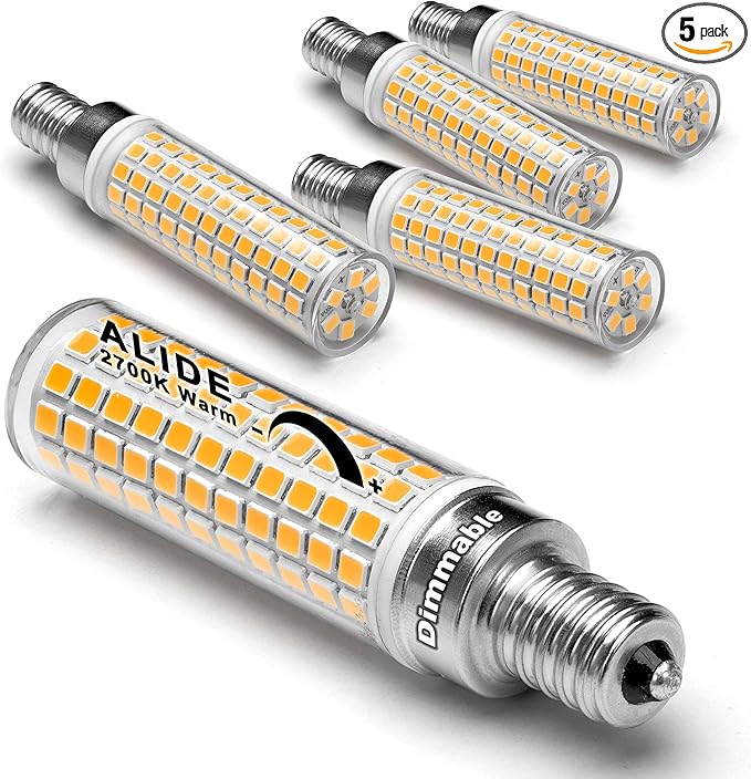 ALIDE Dimmable E12 100 Watt Equivalent LED Candelabra Bulbs C7,2700K Warm White,1000LM T6 E12 10W LED Ceil Fan Light Bulbs for Chandelier Pendant Lighting Salt Lamp,5 Pack - Bloomnest