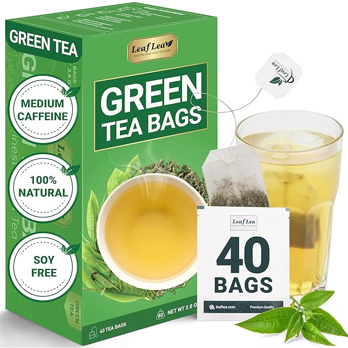 LeafLea 40 Green Tea Bags, 100% Natural & Pure from Green Tea Leaves, Smooth & Refreshing, Everyday Wellness with Natural Caffeine Content, Sugar-Free, Non-GMO, Individually Wrapped for Freshness - Bloomnest