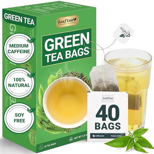 LeafLea 40 Green Tea Bags, 100% Natural & Pure from Green Tea Leaves, Smooth & Refreshing, Everyday Wellness with Natural Caffeine Content, Sugar-Free, Non-GMO, Individually Wrapped for Freshness - Bloomnest