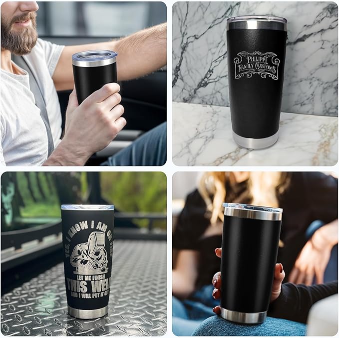 OMTech 20oz Tumblers Bulk, 6pc Stainless Steel Tumbler Set with Lid & Straw, Double Wall Vacuum Insulated Mug for Laser Engraver, Travel Coffee Mug for Hot & Cold Drinks, Black Powder Coated Cup - Bloomnest