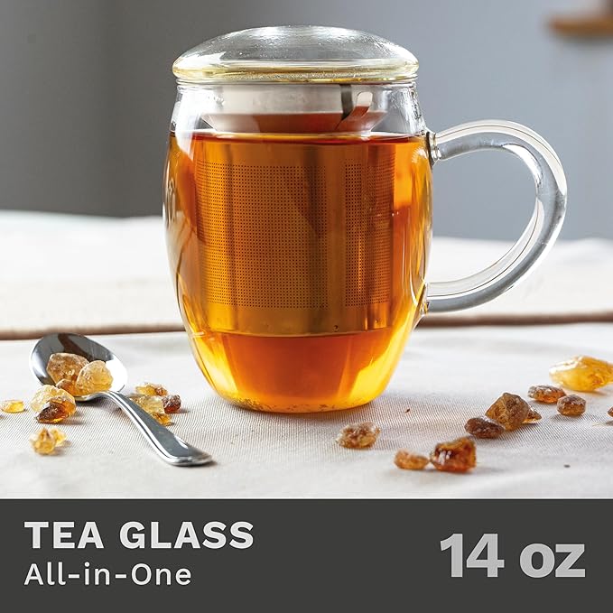 Creano Tea Glass with Stainless Steel Infuser and Glass Lid - 14oz (400ml) - Bloomnest