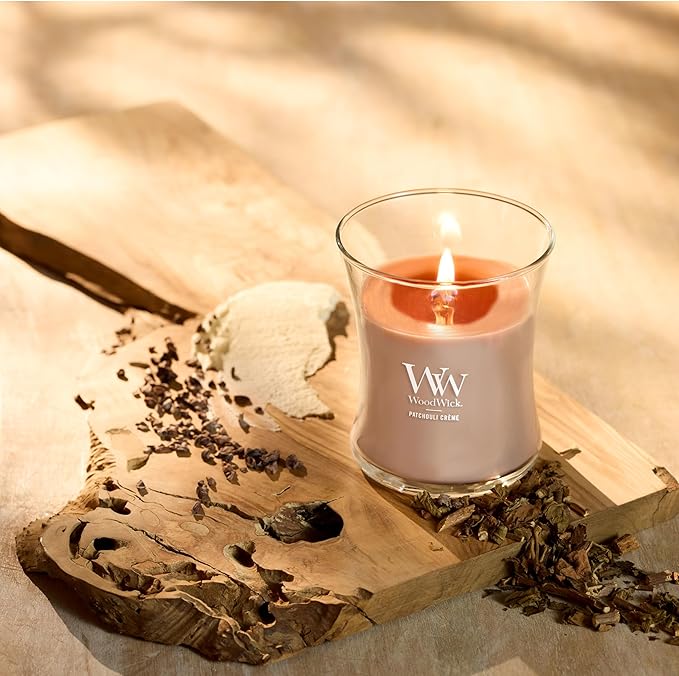 WoodWick Patchouli Crème Gifts for Women and Men, 9.7 oz Medium Hourglass Candle with Crackling Wick - Bloomnest