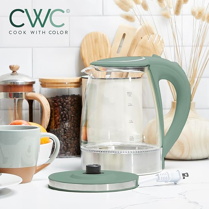 COOK WITH COLOR Electric Tea Kettle, 1.8L Cordless Hot Water Boiler, 1200W Rapid Boil, Auto Shutoff & Boil Dry Protection, BPA-Free, Sleek Countertop Design, Green - Bloomnest