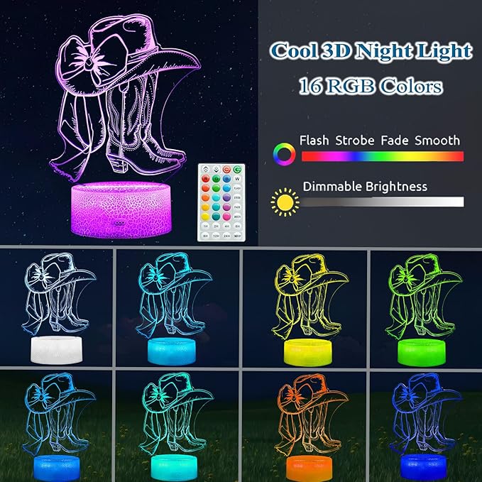 Cowgirl Gifts, Cowgirl Night Light, 3D Illusion Lamp with 16 Colors Changing, Timer, 4 Flash Modes and Dimmer with Remote Control, Western Room Decor for Holiday Birthday Christmas - Bloomnest
