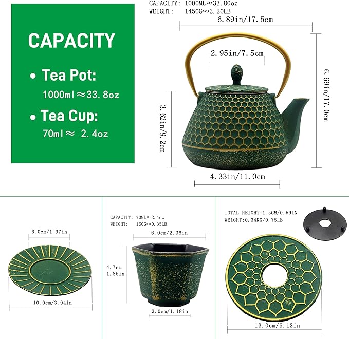 Cast Iron Tea Kettle Set, 33.8oz Hexagon Pattern Teapot Set with Cups and Cup Mats, Teapot Coated with Enameled Interior, Durable Cast Iron Teapot Set with Stainless Steel Infuser