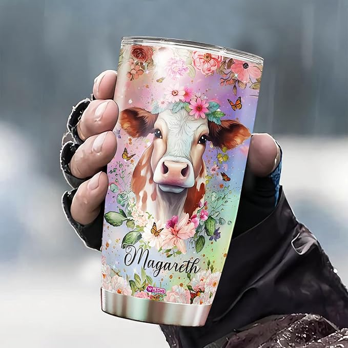 WAZONE Personalized Cow Tumbler Customized With Name Just A Girl Who Loves Cows Flower Cute Farm Animal Insulated Stainless Steel Travel Cup Mug 20oz 30oz Themed Gifts Birthday For Women - Bloomnest