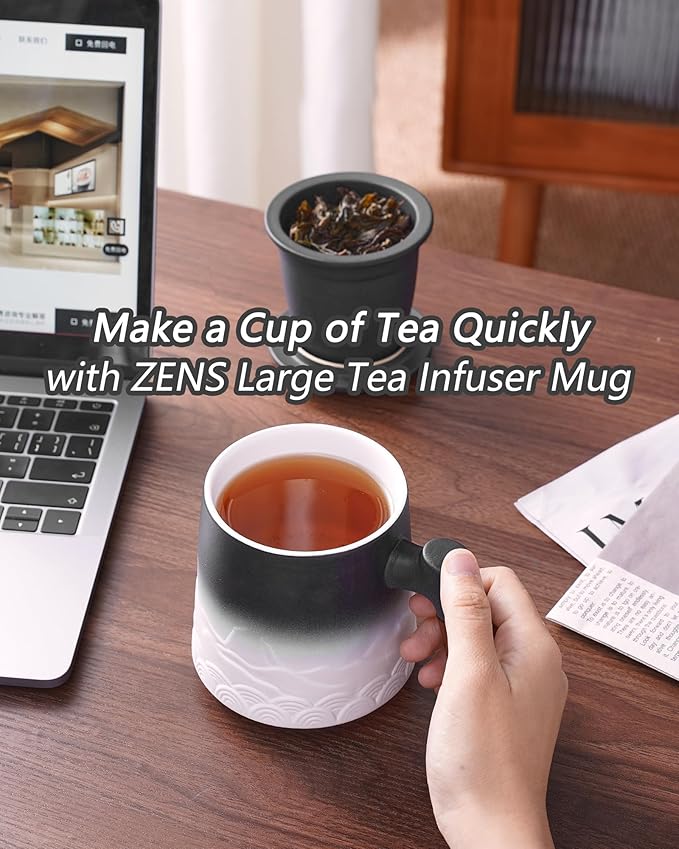 ZENS Tea Mug with Infuser and Lid for Loose Leaf Tea Steeper, 16.9oz Embossed Ceramic Tea Cup with Fine Tea Strainers, Wood Handle Large Diffusers Mugs for Tea Lovers Gifts