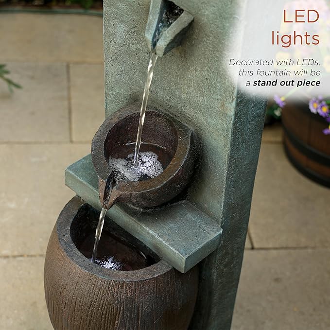Alpine Corporation TZL388 32" 3 Tier Jar Fountain with LED Lights, Elegant Outdoor Water Feature for Garden, Patio, Backyard, Home Décor, Ceramic Water Fountain & Landscape Decorations, Gray - Bloomnest