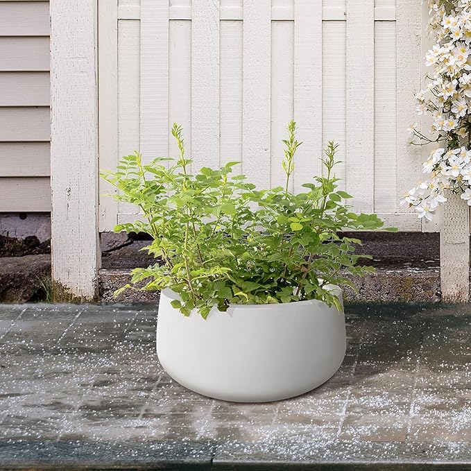 Kante 15.7" Dia Round Concrete Planter, Outdoor Indoor Garden Plant Pots with Drainage Hole and Rubber Plug, Modern Curvaceous Design, Pure White - Bloomnest