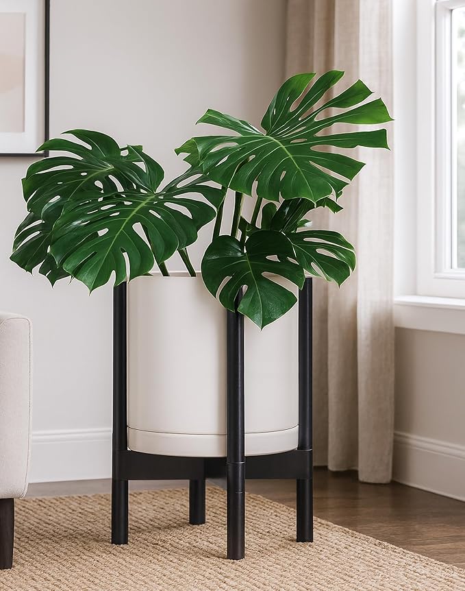D'vine Dev Ceramic Planter with Ebony Stand - 12 Inch Modern Round Flower Pot with Wood Planter Holder, Oatmeal, 55-B-H-8 - Bloomnest