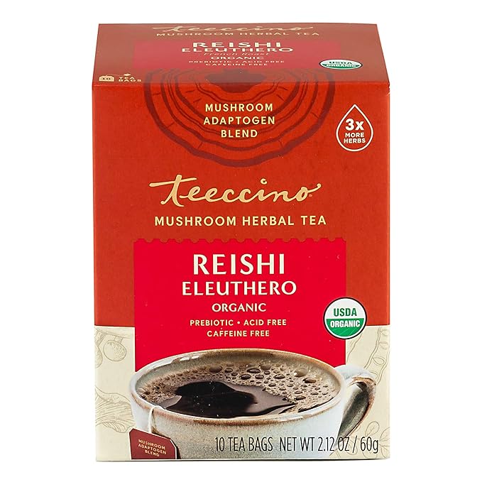 Teeccino Reishi Eleuthero Tea - French Roast - Organic Mushroom Adaptogenic Herbal Tea, 3x More Herbs than Regular Tea Bags, Caffeine Free, Chicory Prebiotic - 10 Tea Bags - Bloomnest