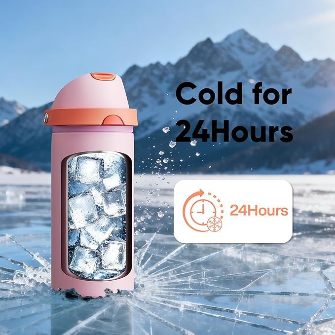 Insulated Water Bottle with Straw - Encool Stainless Steel Water Bottle with Push Button Lid, Leak-Proof & BPA-Free, Keeps Cold for 24 Hours for Sports, Travel, Gym (18 oz, Lily-Red) ENCOOL