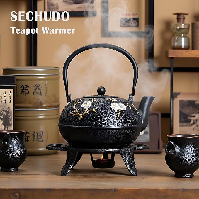 Cast Iron Tea Set with Cast Iron Warmer, Japanese Tetsubin 60.9oz Large Teapot Set with Infuser for Loose Tea, Heavy Tea Kettle for Stovetop Safe, Asian Elegant Durable Teaset Gift - Bloomnest