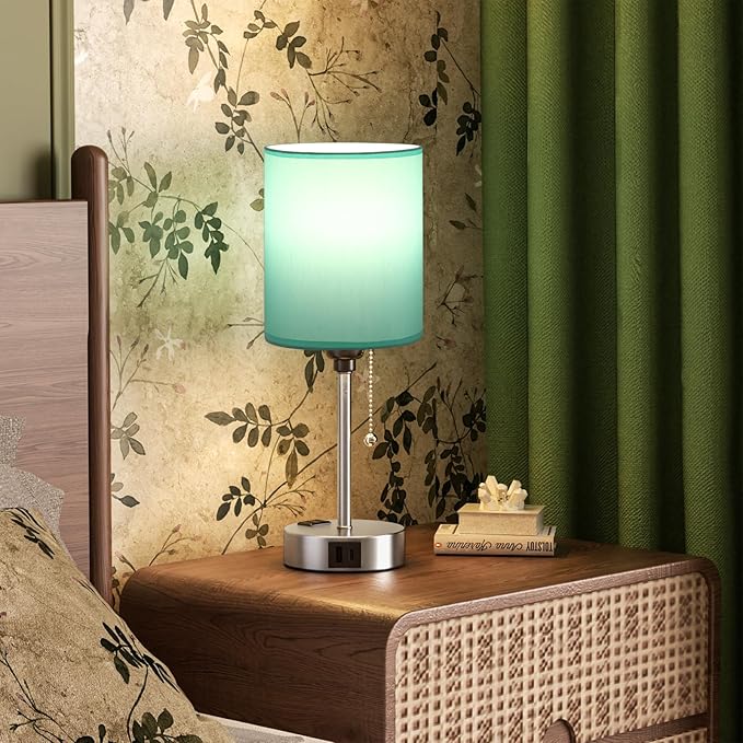 Teal Bedside Lamp for Nightstand - 3 Color Temperature Table Lamp with USB C and A Ports, Pull Chain Lamp for Bedroom with AC Outlet, Coastal Desk Lamp with Silver Metal Base for Kids Girls - Bloomnest