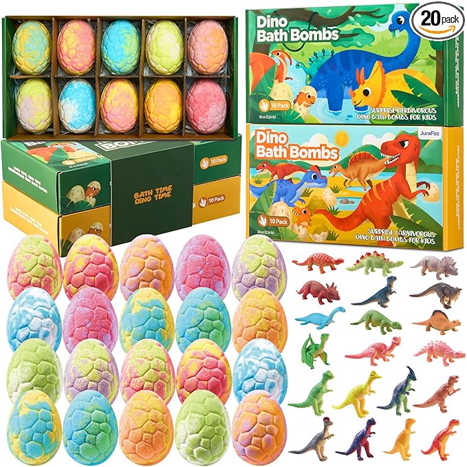 Dinosaur Bath Bombs for Kids with Surprise Inside, 20 Pack Natural Dino Egg Bath Bombs with Exclusive Carnivorous & Herbivorous Dinosaur Toys, Birthday Party Favors for Boys, Girls - Bloomnest
