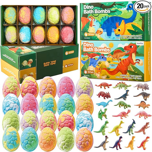 Dinosaur Bath Bombs for Kids with Surprise Inside, 20 Pack Natural Dino Egg Bath Bombs with Exclusive Carnivorous & Herbivorous Dinosaur Toys, Birthday Party Favors for Boys, Girls - Bloomnest
