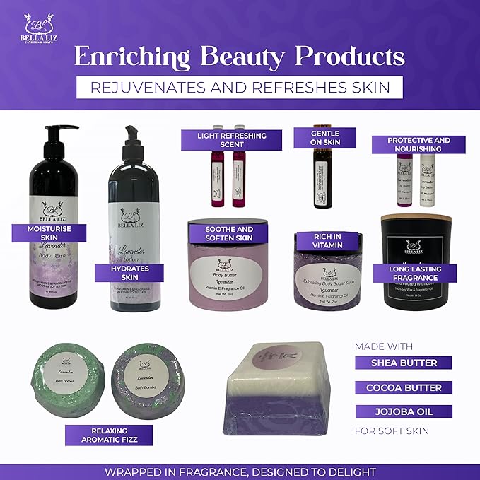 Bella Liz Lavender Gift Set – 14 piece Spa Set with Soy Candle, Handmade Soaps, Body Wash & Lotion, Bath Bombs, Lip Balms, Sugar Scrub, Body Butter & More – Self-Care Gift - Bloomnest