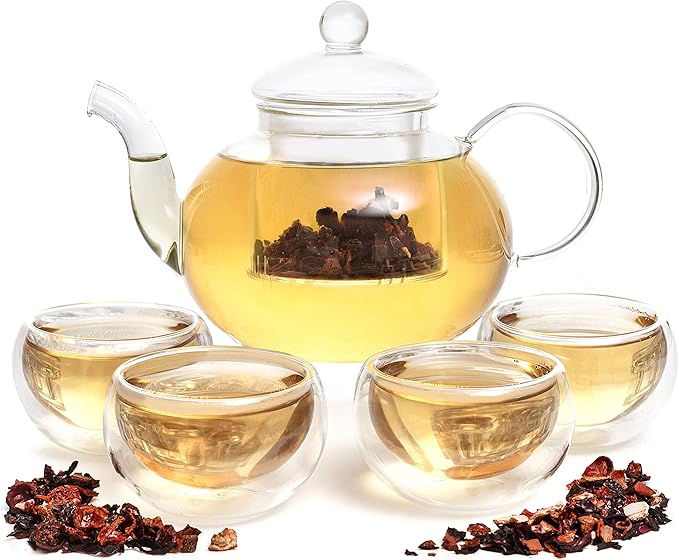 Moss & Stone Glass 27oz Tea Kettle Infuser & 4 Tea Cups Gift Set, Borosilicate Glass Teapot With Removable Glass Strainer & Teacups Of 2.7 oz, Teapot With Strainer Microwave Safe Tea Maker - Bloomnest