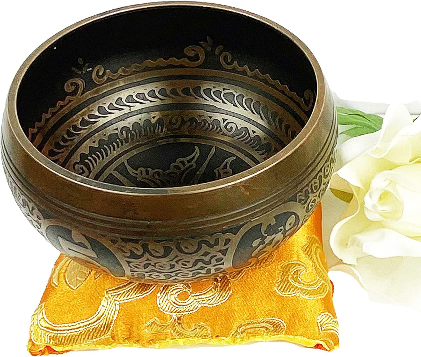 3382 SB Tibetan Auspicious Symbol Singing Bowl Set ~ Mallet Cushion Meditation Chakra Healing Prayer Yoga Mindfulness (SB-3382-F)