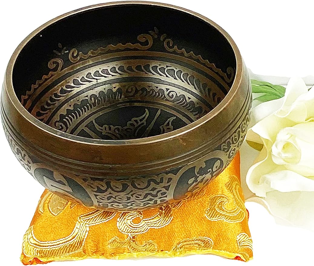 3382 SB Tibetan Auspicious Symbol Singing Bowl Set ~ Mallet Cushion Meditation Chakra Healing Prayer Yoga Mindfulness (SB-3382-F) - Bloomnest