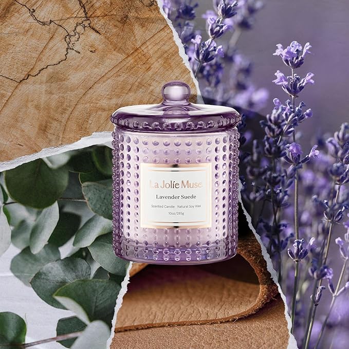 LA JOLIE MUSE Lavender Suede Candle - Lavender, Eucalyptus, Sandalwood | 10 oz Natural Soy Wax | 55 Hours Clean Burn | Aromatherapy Candle | Perfect for Relaxation, Self-Care and Meditation - Bloomnest