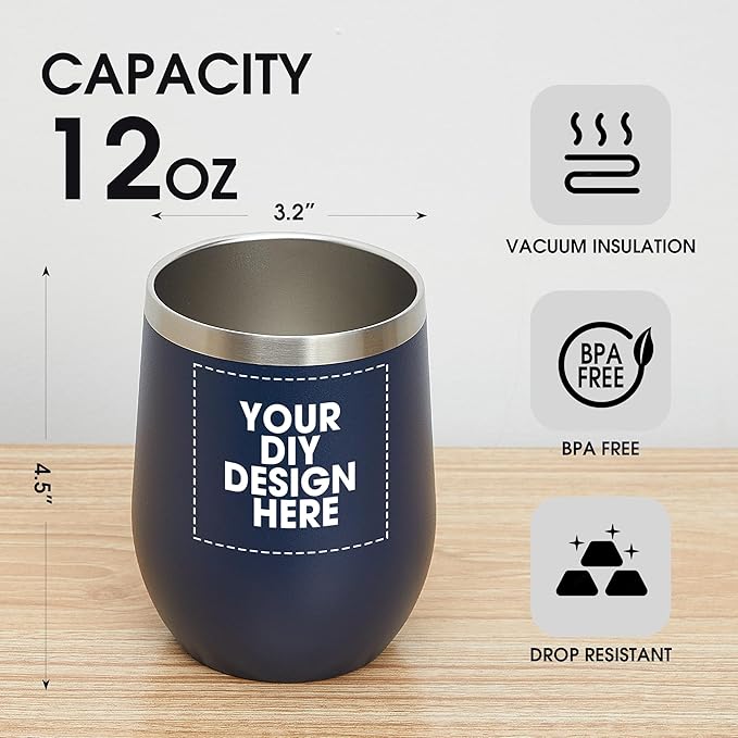 Personalized Custom Wine Tumbler Print in USA 12oz Stainless Steel Travel Coffee Cup with Lid & Straw Double Wall Insulated Mug with Colorful Text Logo Photo - Bloomnest