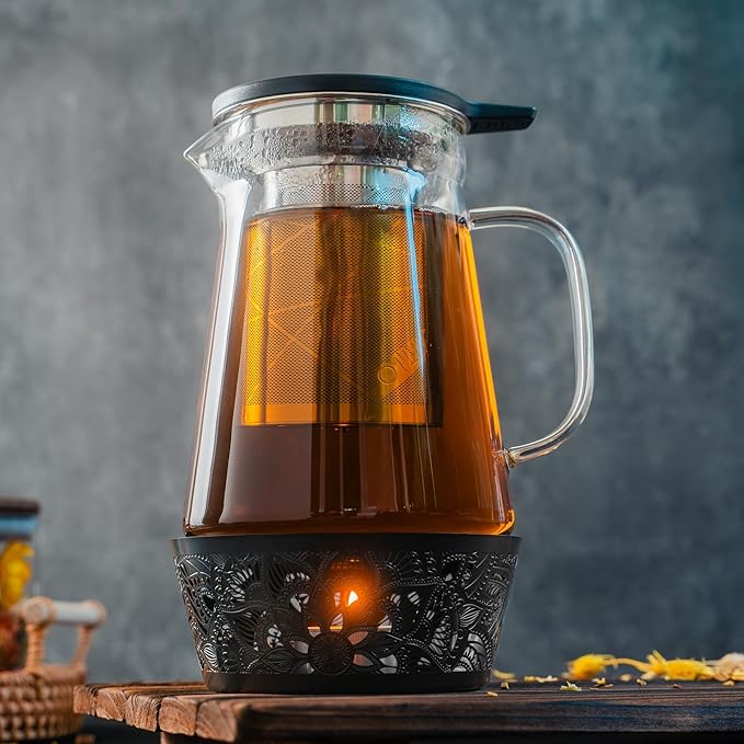Elegant Glass Teapot with Built-In Tea Infuser & Stainless Steel Candle Warmer Base - 1000ml, Premium Gift Set for Tea Lovers, Perfect for Brewing and Keeping Tea Warm - Bloomnest