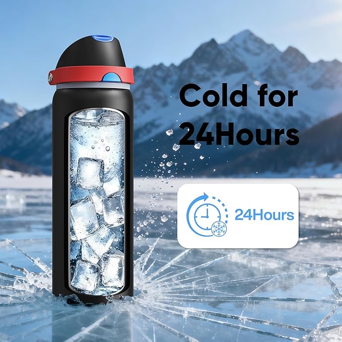 Insulated Water Bottle with Straw - Encool Stainless Steel Water Bottle with Push Button Lid, Leak-Proof & BPA-Free, Keeps Cold for 24 Hours for Sports, Travel, Gym (32 oz, Oil Black) ENCOOL