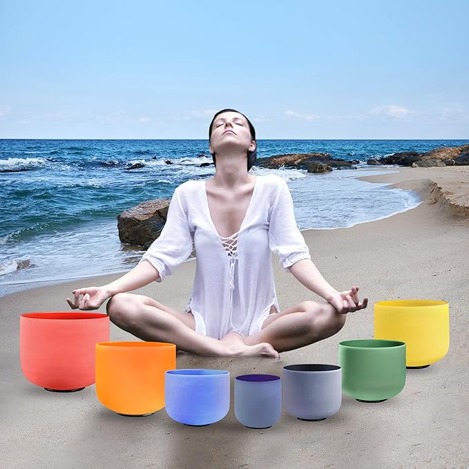 RYAN DVAN 432 hz 7-12 Inch Set of 7 Colored Frosted Quartz Crystal Singing Bowl with Free 2 pcs Carrying Cases - Bloomnest