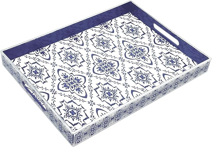 Serving Tray with Handles, 15.7 * 11.8 inches, Plastic Ottoman Tray with Exquisite Paintings, Trays for Coffee Table - Bloomnest
