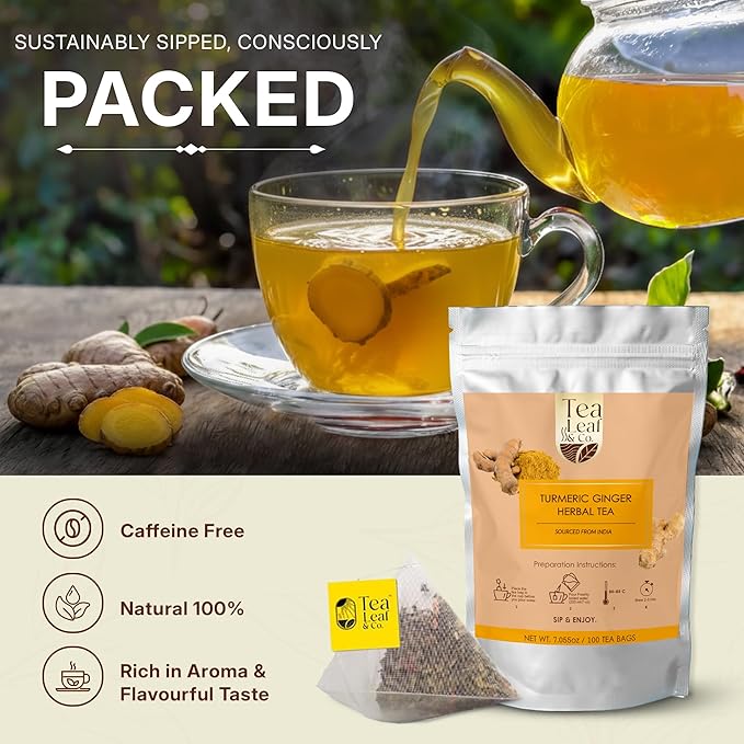 Tealeaf & Co. Turmeric Ginger Herbal Tea - Organic Ginger Turmeric Tea Bags with Fresh Herbs and Spices - Low Caffeine & Gluten Free - 100 Teabags (7.055oz/200gm) - Bloomnest