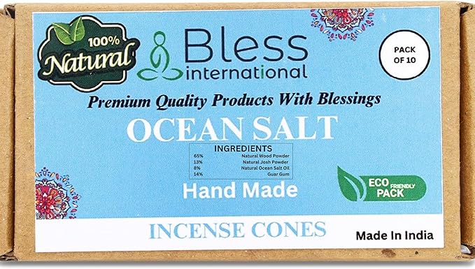Bless International Ocean-Salt 100%-Natural-Incense-Cones Handmade-Hand-Dipped Organic-Chemicals-Free for-Purification-Relaxation-Positivity-Yoga-Meditation The-Best-scents (10 Count)