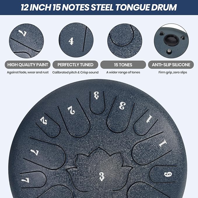 Steel Tongue Drum, 12 Inches 15 Notes Hand Pan Drum, Rain Drums, with Music Book, Handpan Drum Mallet, and Carry Bag (Navy Blue, 12 Inch)