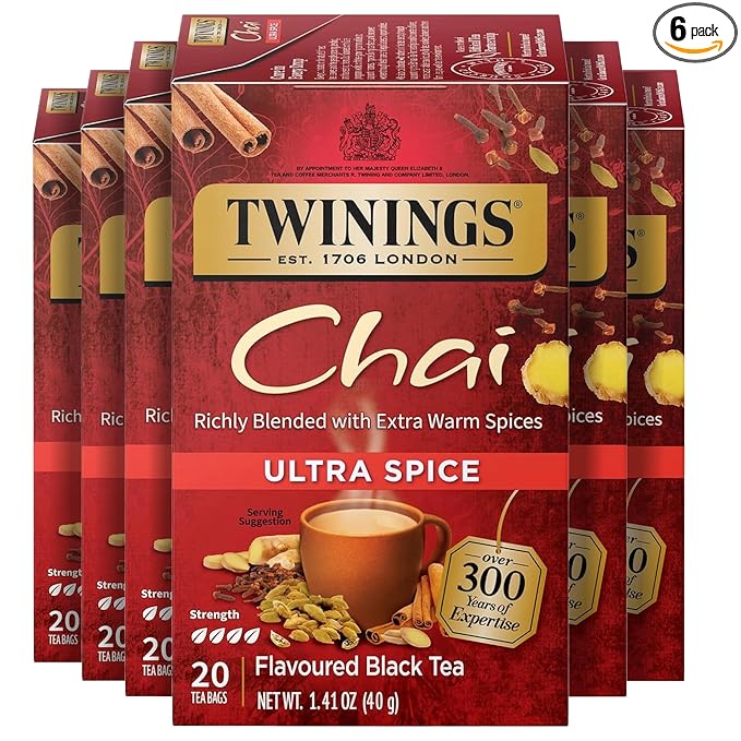Twinings Ultra Spice Chai Individually Wrapped Bags, 20 Count (Pack of 6), Sweet, Savoury Spices, Caffeinated, Enjoy Hot or Iced, 120 Teabags - Bloomnest