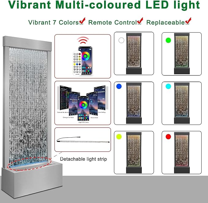 LONGRUN Mirror Waterfall Fountain Indoor, 48" Water Feature With 7 Colors Light, Self-Contained LED Kit, Large Stainless Steel Home Decor - Bloomnest