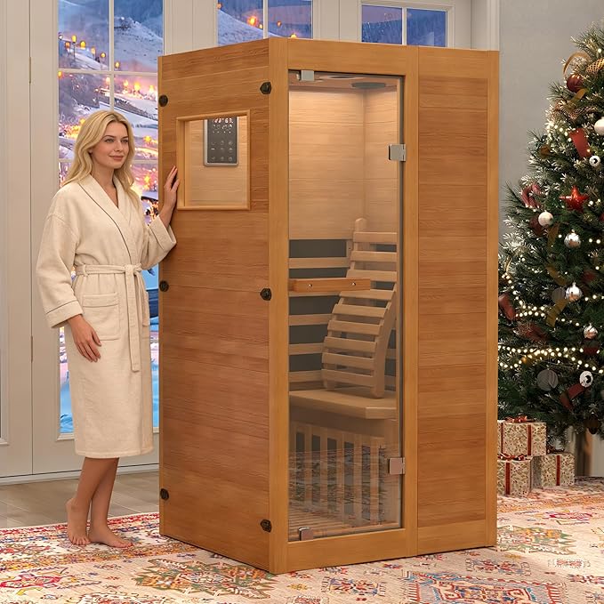 Infrared Sauna,1 Person Red Light Sanua with for Home,950w/110v Full Spectrum Indoor Dry Sauna, Carbon, Heater Panels, Bluetooth Audio, 8-Color Chromotherapy Lights, 35.4"x 31.5"x 66.9" HOMTHING