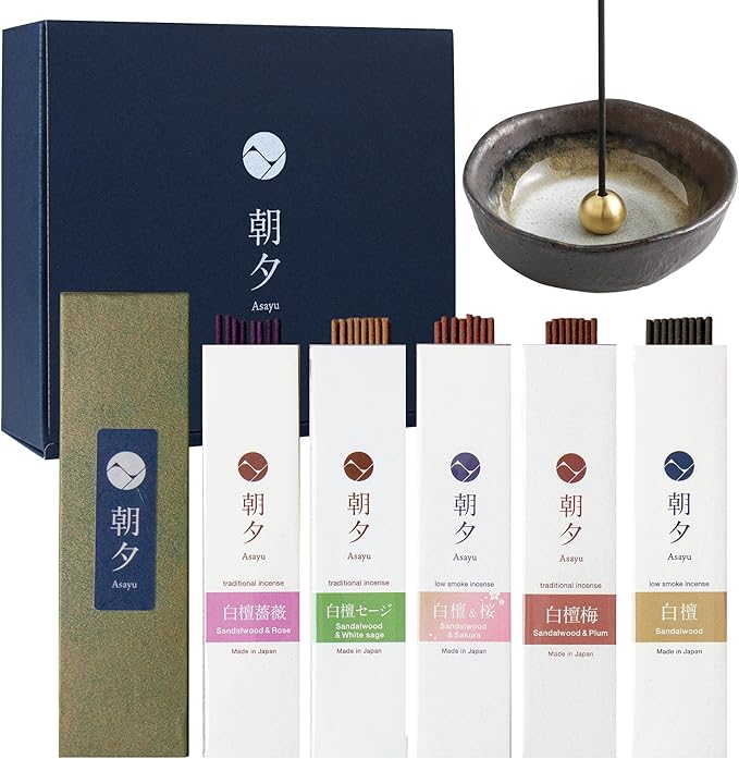 Asayu Japan Incense Gift Set - Sandalwood Scent Collection - Ceramic Holder + 5 Sandalwood Blends (20g Each) - Made in Japan - for Yoga, Meditation & Relaxation
