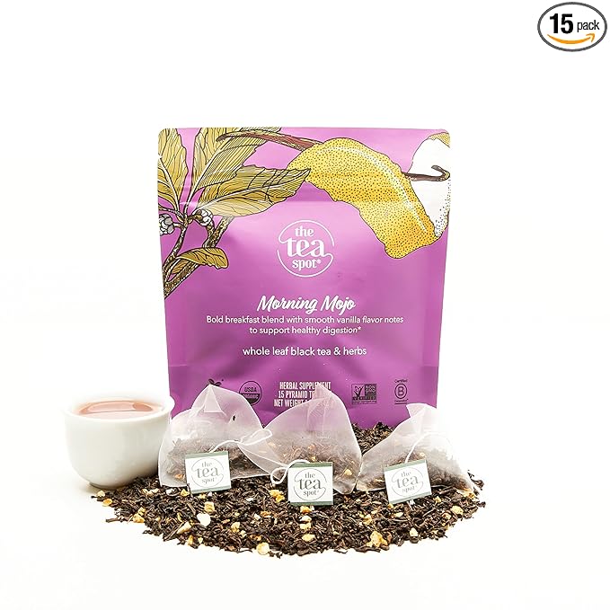 The Tea Spot Organic Morning Mojo Black Tea with Vanilla and Citrus for Energy | Breakfast Blend of Pu'erh Tea, Black Tea, Orange Peel and Vanilla Flavor | 15 Tea Bags - Bloomnest
