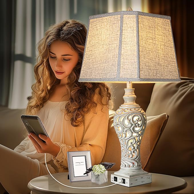 32" Tall Table Lamps Set of 2 - Bedside Lamp with Fabric Shades - for Bedroom and Living Room with USB and Nightlight - Perfect for Nightstands and Bedrooms - Bulbs Included - Bloomnest