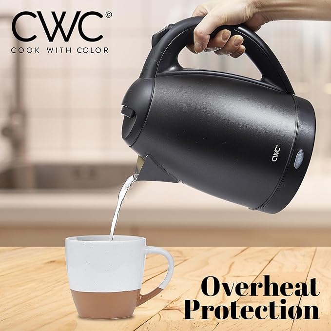 COOK WITH COLOR Electric Kettle - Rapid Boil, Sleek Design, and Safety Features - Great for Quick and Easy, Stainless Steel Black, 1.7 Liters - Bloomnest