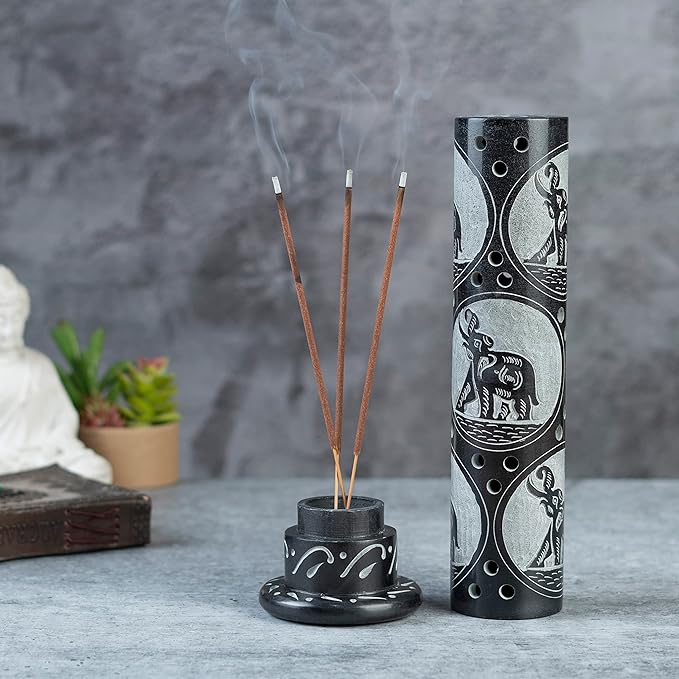 Crocon Handmade Black Marble Incense Stick Tower Burner Round Shape Jali Design Incense Tower Burner | Tea Light Candle Holder | Living Room Decor Home Fragrance Decorative Gift Size 3X3X10 Inch - Bloomnest