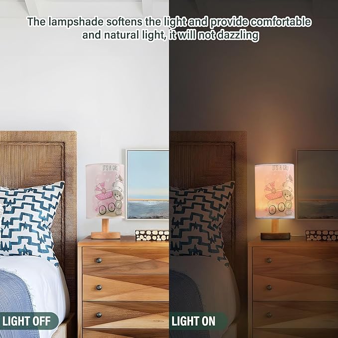 Table Lamp Teddy Bear with Pink Baby Carriage Heart Quote It's A Girl Nightstand Lamp with Wood Base Fabric Lamp Shade Bedside Desk Lamp for Living Room Bedroom Kids Room Office - Bloomnest