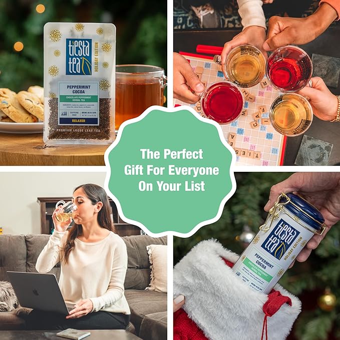 Tiesta Tea Cozy Peppermint Cocoa, Premium Loose Leaf Blends, Chocolate Peppermint Herbal Tea, Caffeine-Free, Holiday Blend, Holiday Edition, Hot or Iced Brew, Up to 25 Cups, 1.5oz Resealable Pouch - Bloomnest