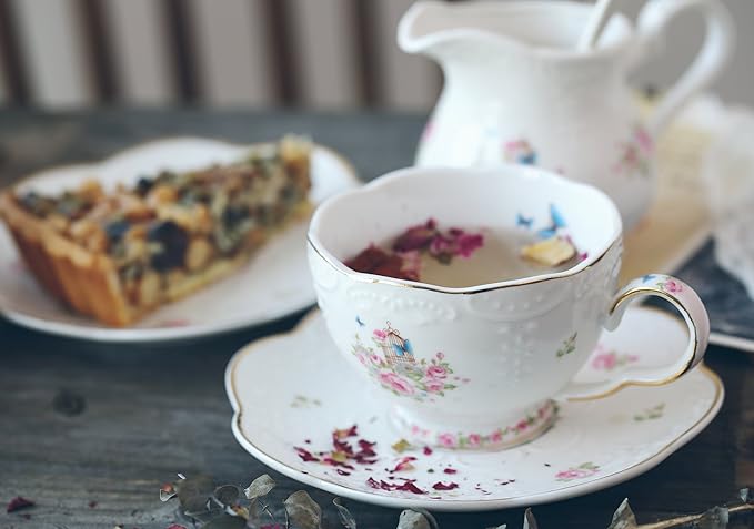 Jusalpha® Vintage Porcelain Flower Series Tea Sets, Tea Cup Saucer Set with Teapot Warmer- Filter and Spoon, 16pcs in 1 set (16pcs set) - Bloomnest