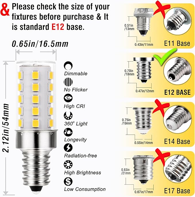 ALIDE E12 4000K Dimmable LED Light Bulb 5W,Replace 40W E12 Halogen Equivalent,T6 Base 120V E12 C7 LED Candelabra Bulbs Natural White for Pendant Chandelier Lighting,450lm,10Pack - Bloomnest