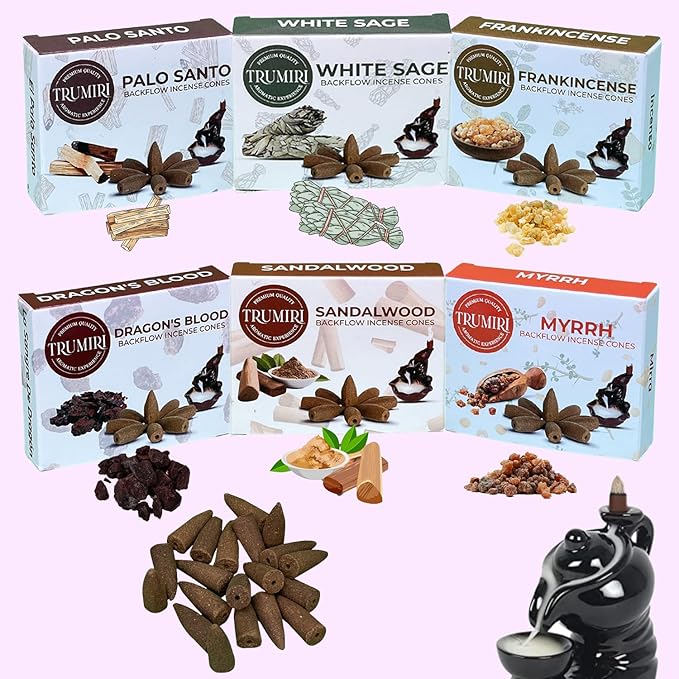 Woody - Backflow Incense Cones for Waterfall - Scented Inscents-Cones - Sandalwood, Dragons Blood, Palo Santo, White Sage - Insiensos Aromaticos - 6x10=60 Large Variety Pack - Back Flow Down Reverse TRUMIRI