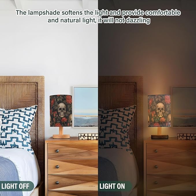 Bedside Lamp Skull Gothic Red Rose Flower Table Lamp with USB Port Wood Base for Living - Bloomnest
